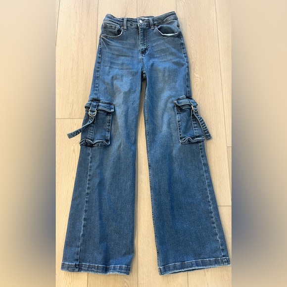 Risen Jeans Denim - Risen High Rise Wide Leg Cargo Medium Wash Denim Jeans Blue Women’s Size 27